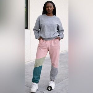 Stylish Pink and Teal Colorblock Joggers with Grey sweater to match!